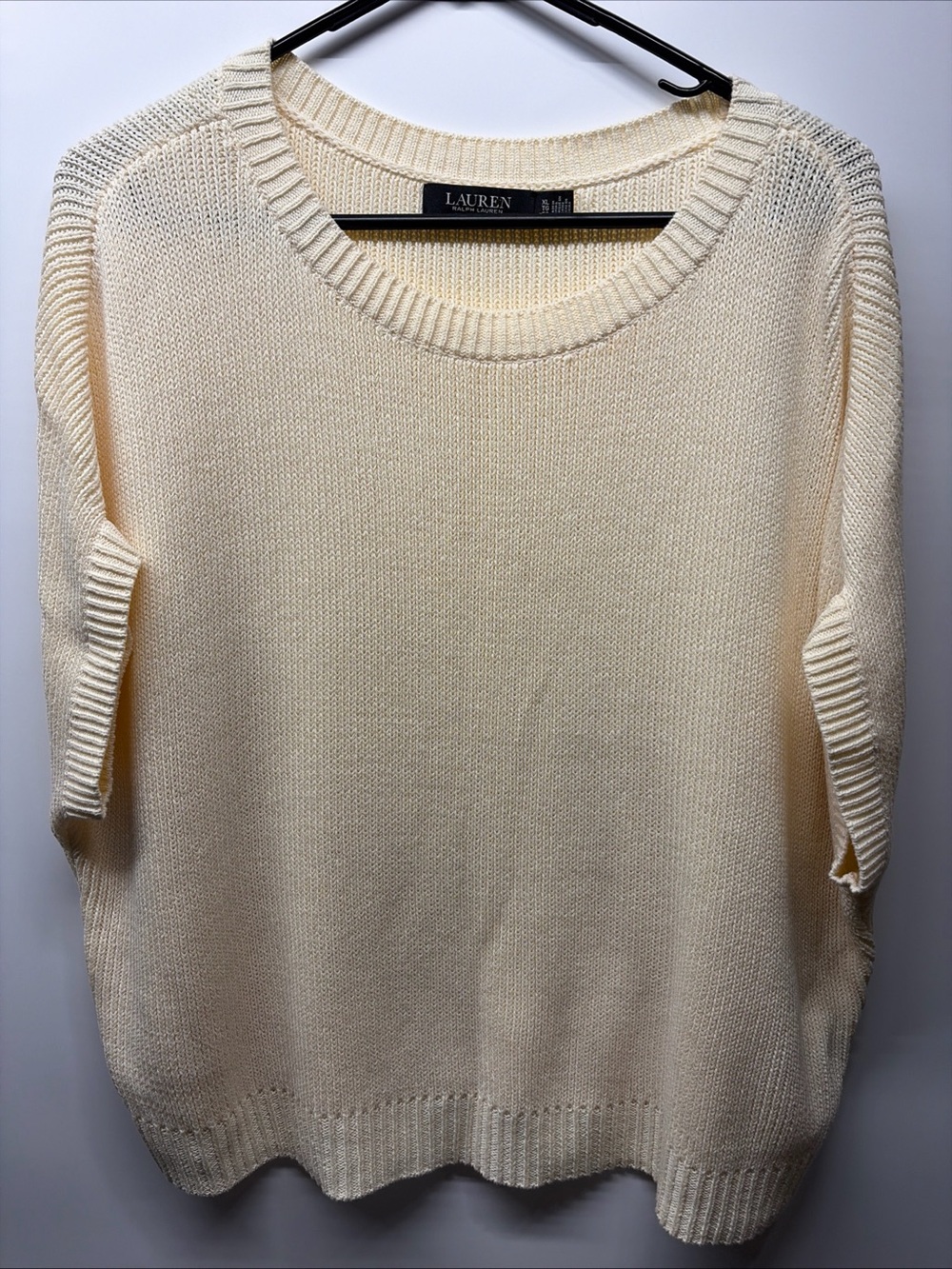 Lauren Ralph Lauren Ivory Rib Knit Short Sleeve Sweater Boxy Relaxed Fit XL